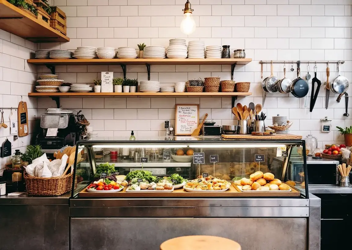 The deli case stacked with trays of house-made salads, rolls and pastries under the counter light.