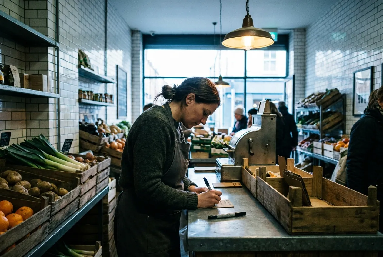 Rosa at the zinc counter writing the morning's price tickets with a fat black marker.