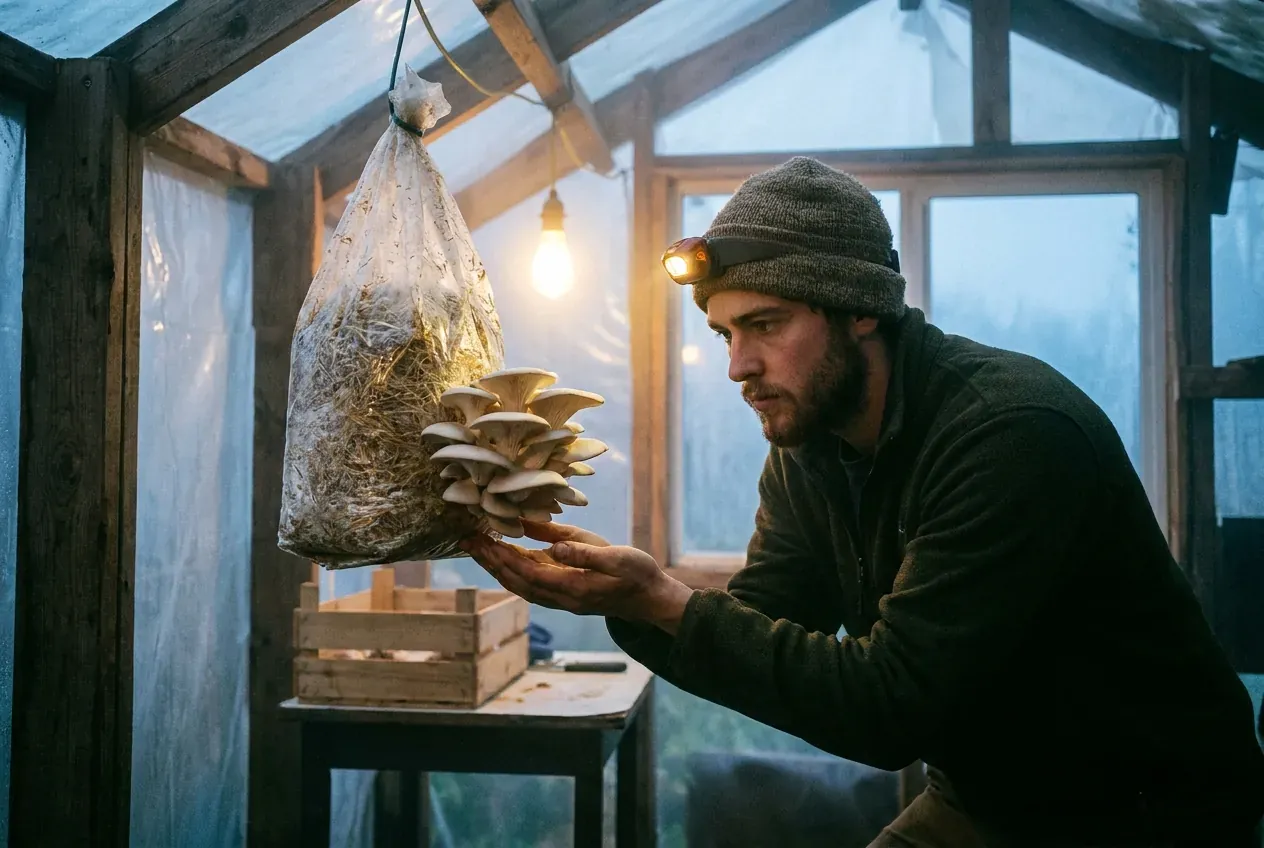 Sam Okafor cupping a cluster of oyster mushrooms fruiting from a straw column in the grow room.