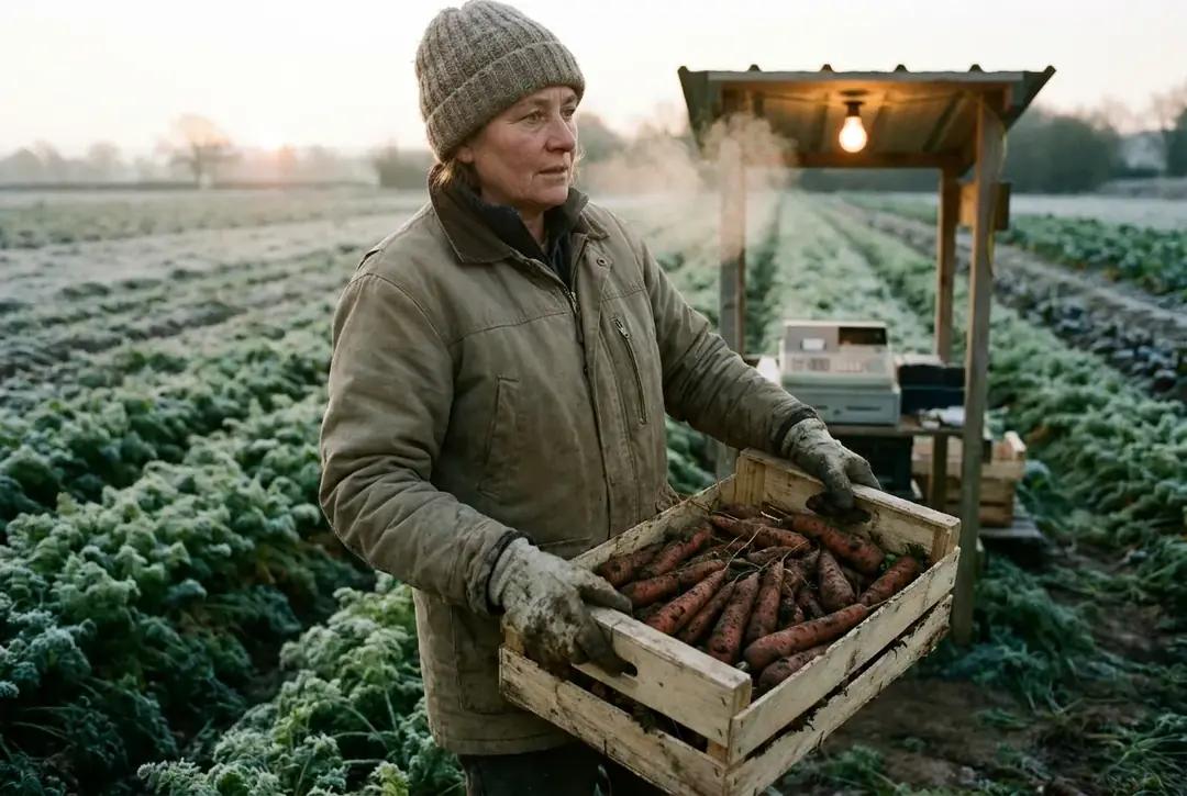 Meg Turrell carrying a crate of soil-covered carrots through a frosty field at first light.
