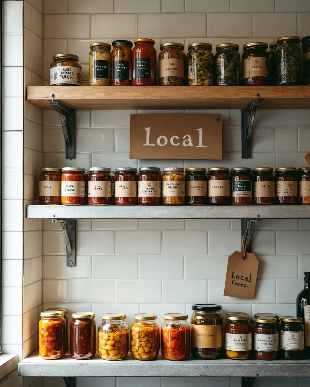 Shelves of preserves and ferments in glass jars with kraft labels, a card reading local hanging from one bracket.
