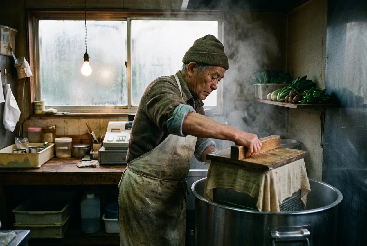 Ken Ito lifting a timber press box of fresh tofu from a steaming vat in his workshop.