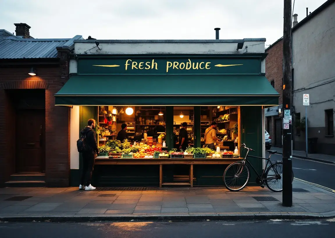 The corner shopfront at dawn, crates being set out on the bench under the awning, warm light spilling onto the footpath.
