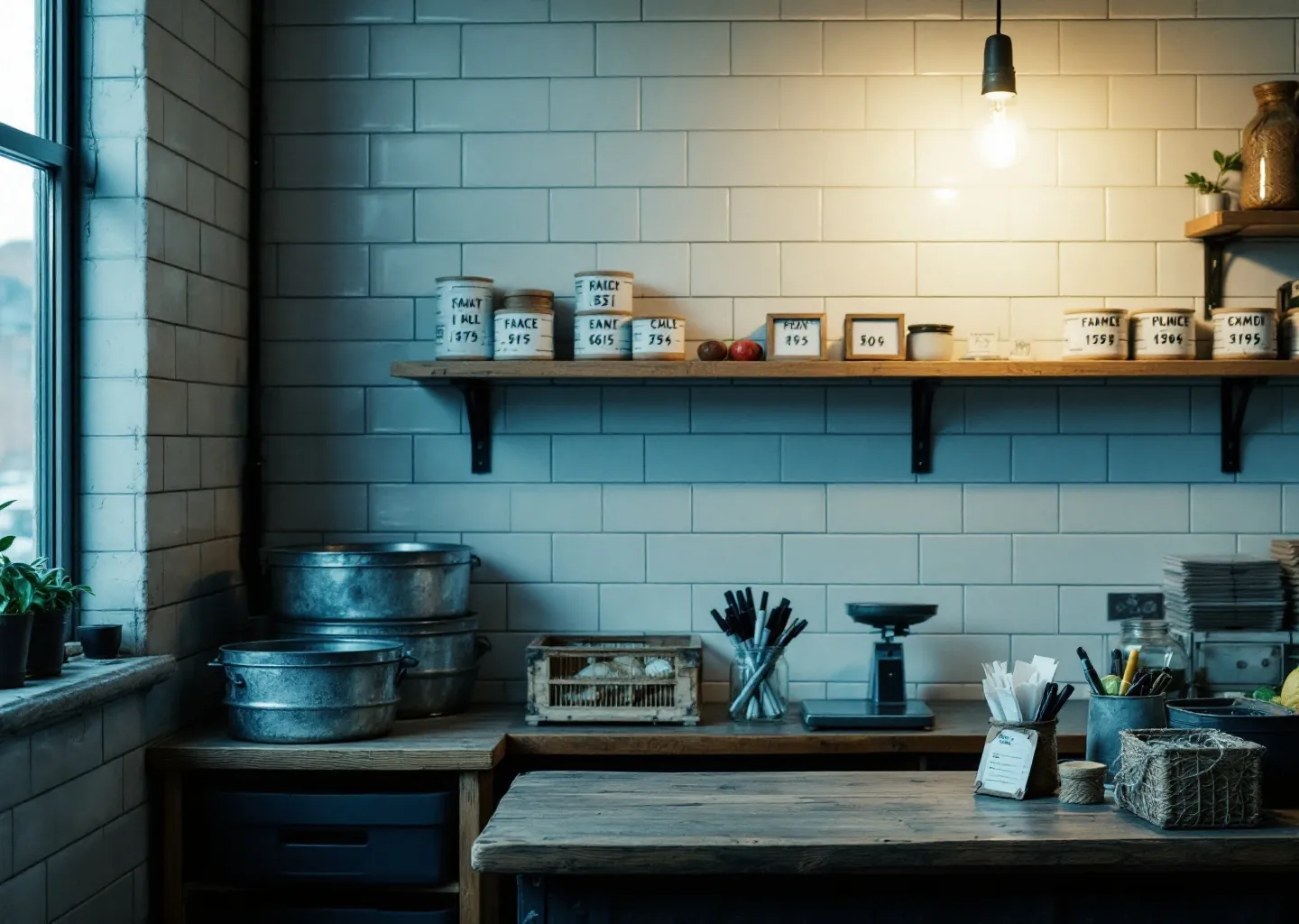 The till corner with zinc buckets, a jar of markers and the warm bulb over the counter.