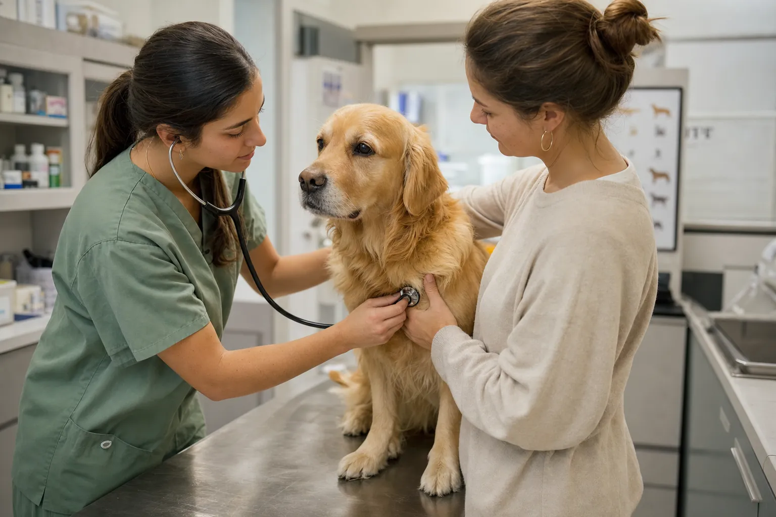 A Wagtail vet listens to a calm golden retriever's chest with a stethoscope as the dog's owner gently steadies her