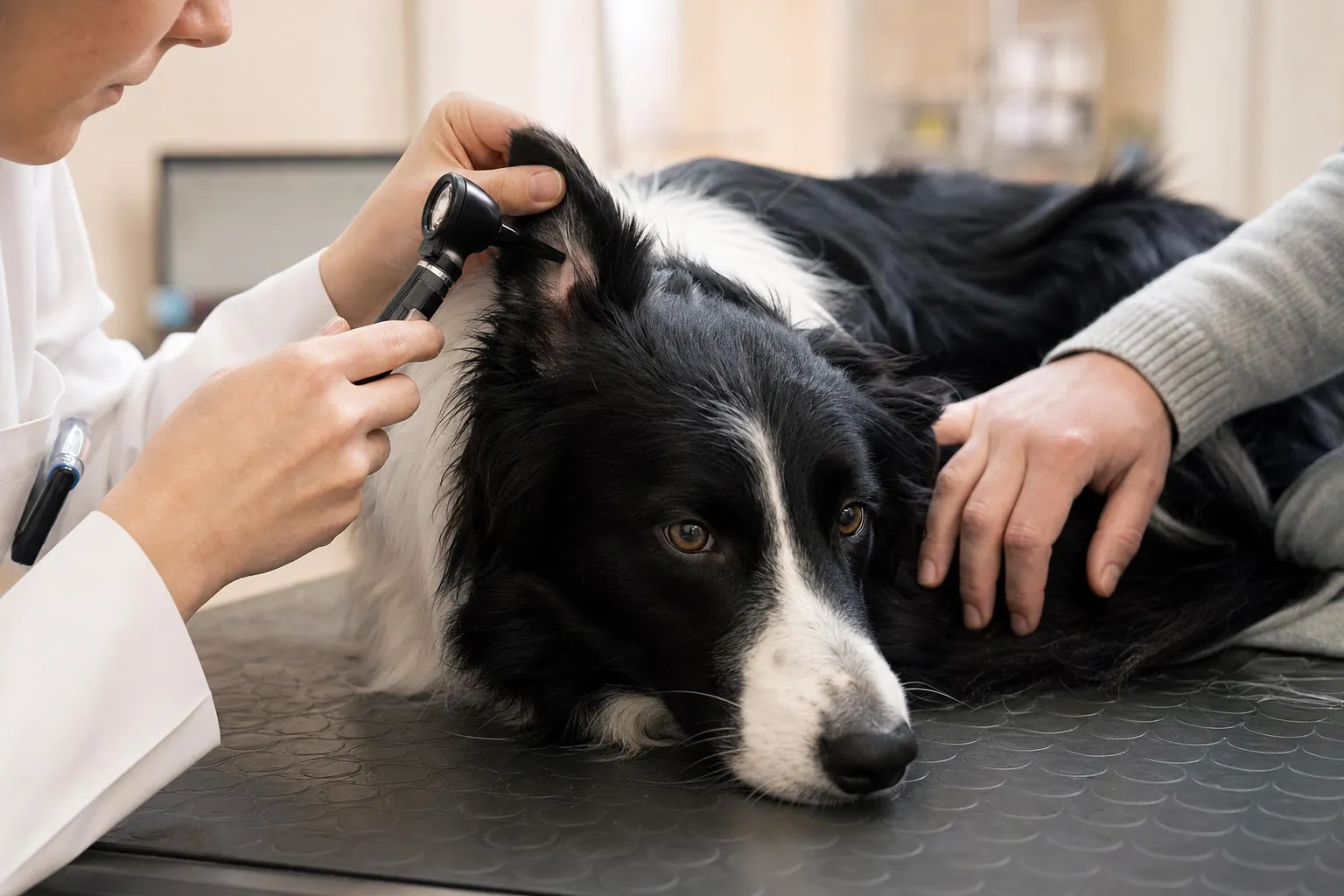 A Wagtail vet checks a border collie's ear with an otoscope while the owner soothes him on the padded exam table