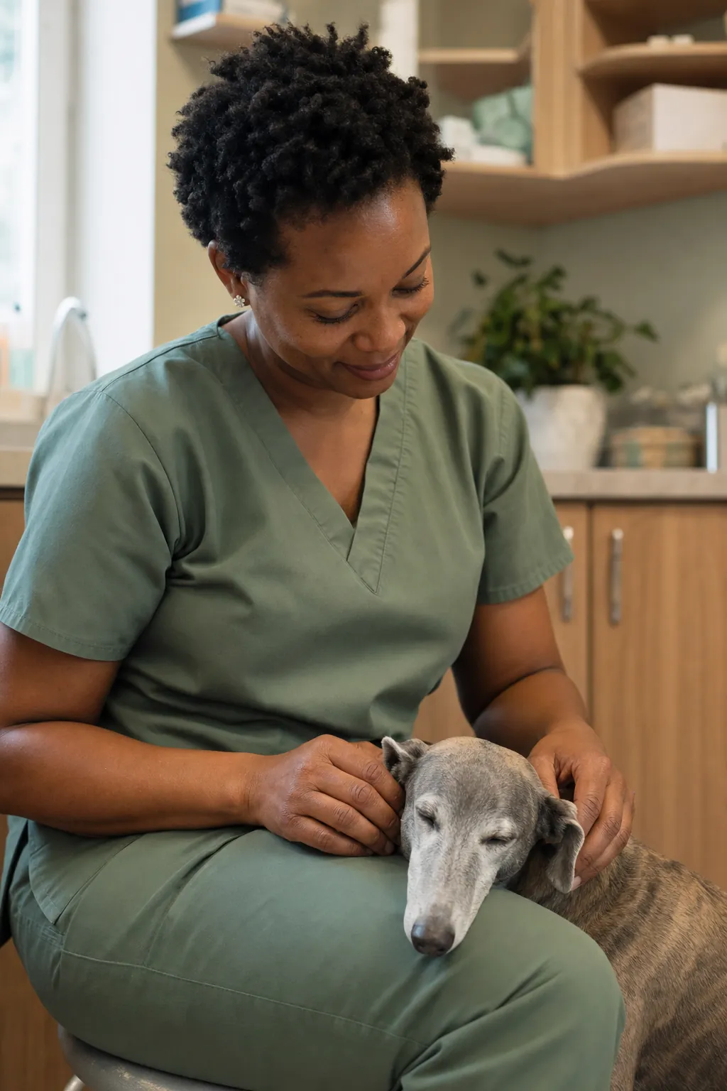 Dr. Hana Okafor laughing softly at the whippet resting its head on her lap in a warm consult room
