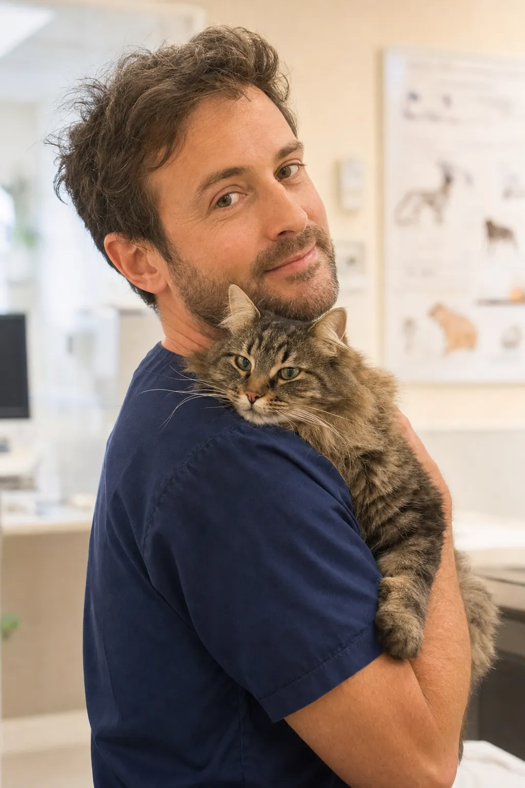 Dr. Theo Marsh holding a relaxed long-haired tabby cat against his shoulder in the clinic