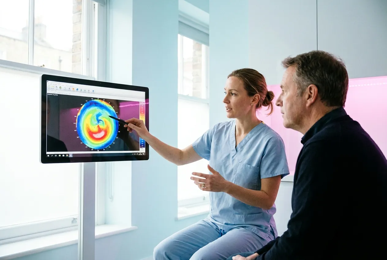Surgeon walking a patient through their corneal topography scan on screen