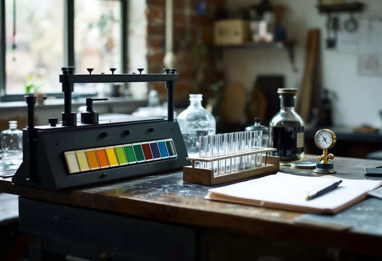 The test bench: a colour comparator with graded cells, a rack of sample tubes and a brass gauge.