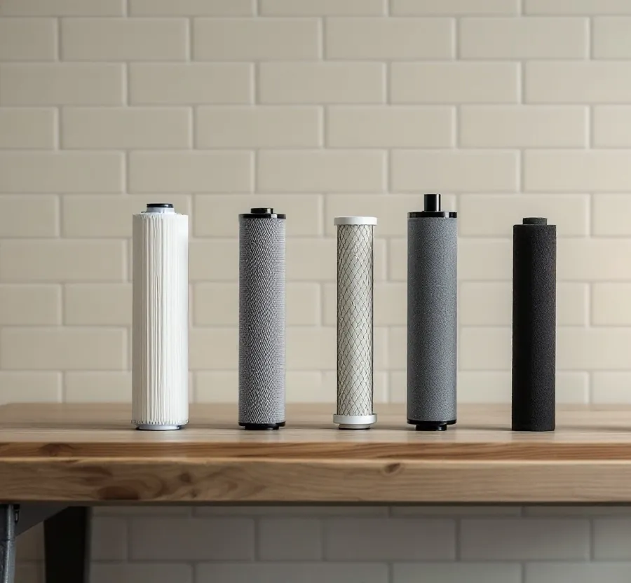 Five filter cartridges lined up on a workshop bench, pleated sediment to carbon block, coarse to fine.