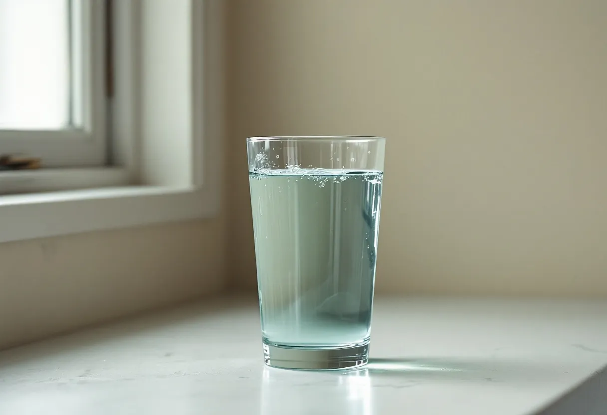 A single glass of clear water on a pale kitchen bench in soft window light.