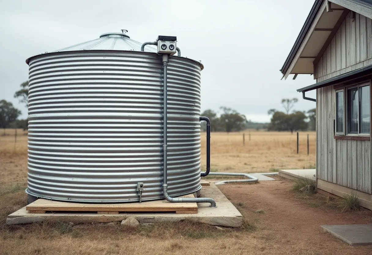 A galvanised rainwater tank on a timber base beside a farmhouse, plumbed to a filtration take-off.