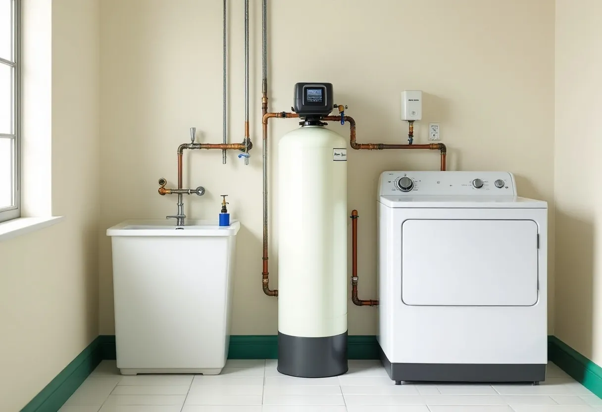 A water softener vessel and valve head plumbed in copper beside a laundry sink and dryer.