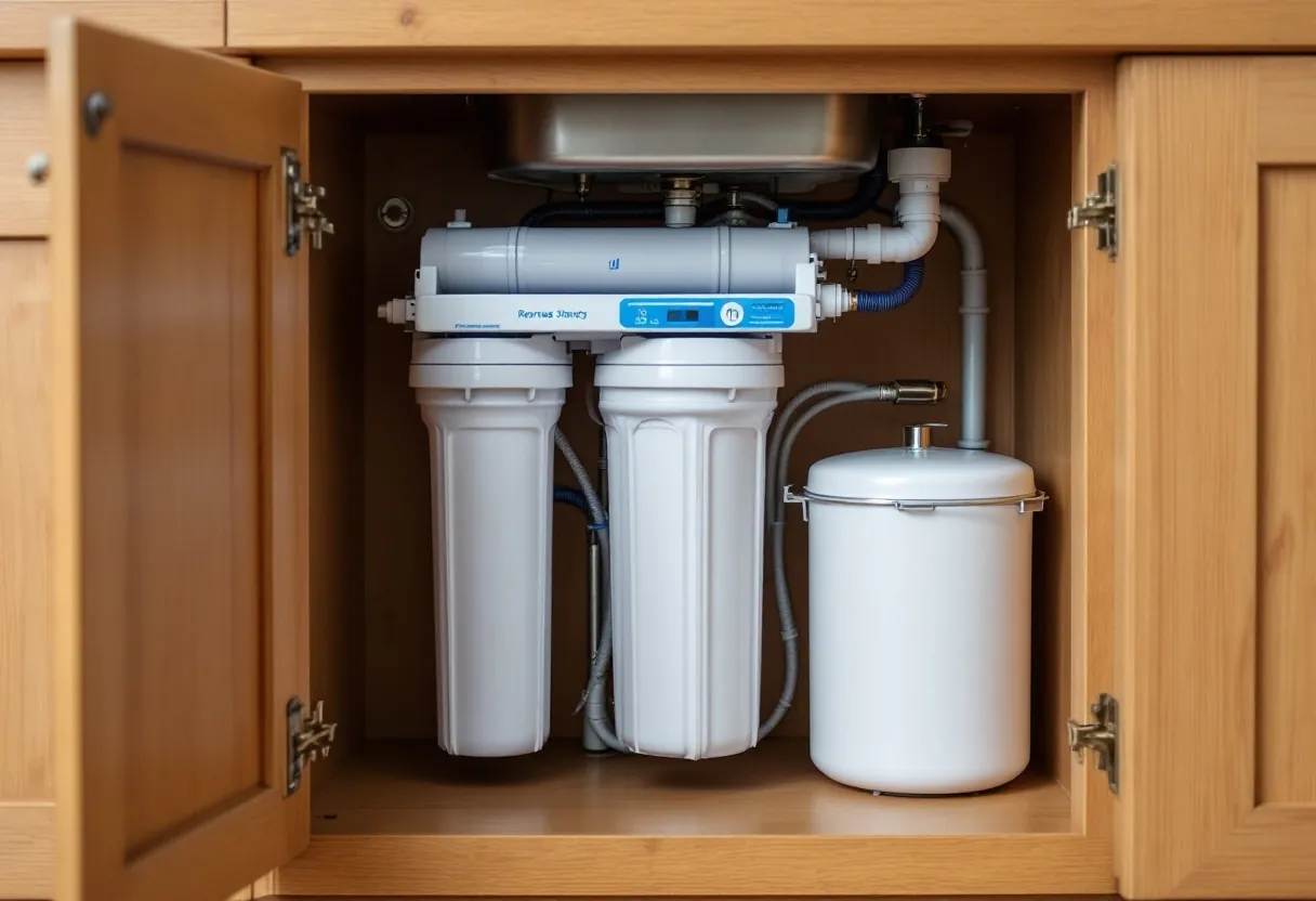 An under-sink reverse osmosis unit with twin cartridges and a storage tank inside a kitchen cupboard.