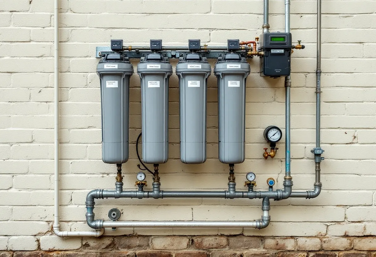 A four-stage whole-home filtration rail mounted on a cream brick wall with gauges and a meter.