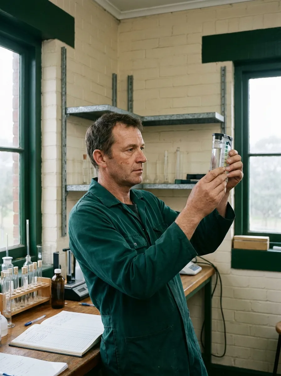 The Stonewell technician holding a colour comparator tube up to the light at the workshop bench.