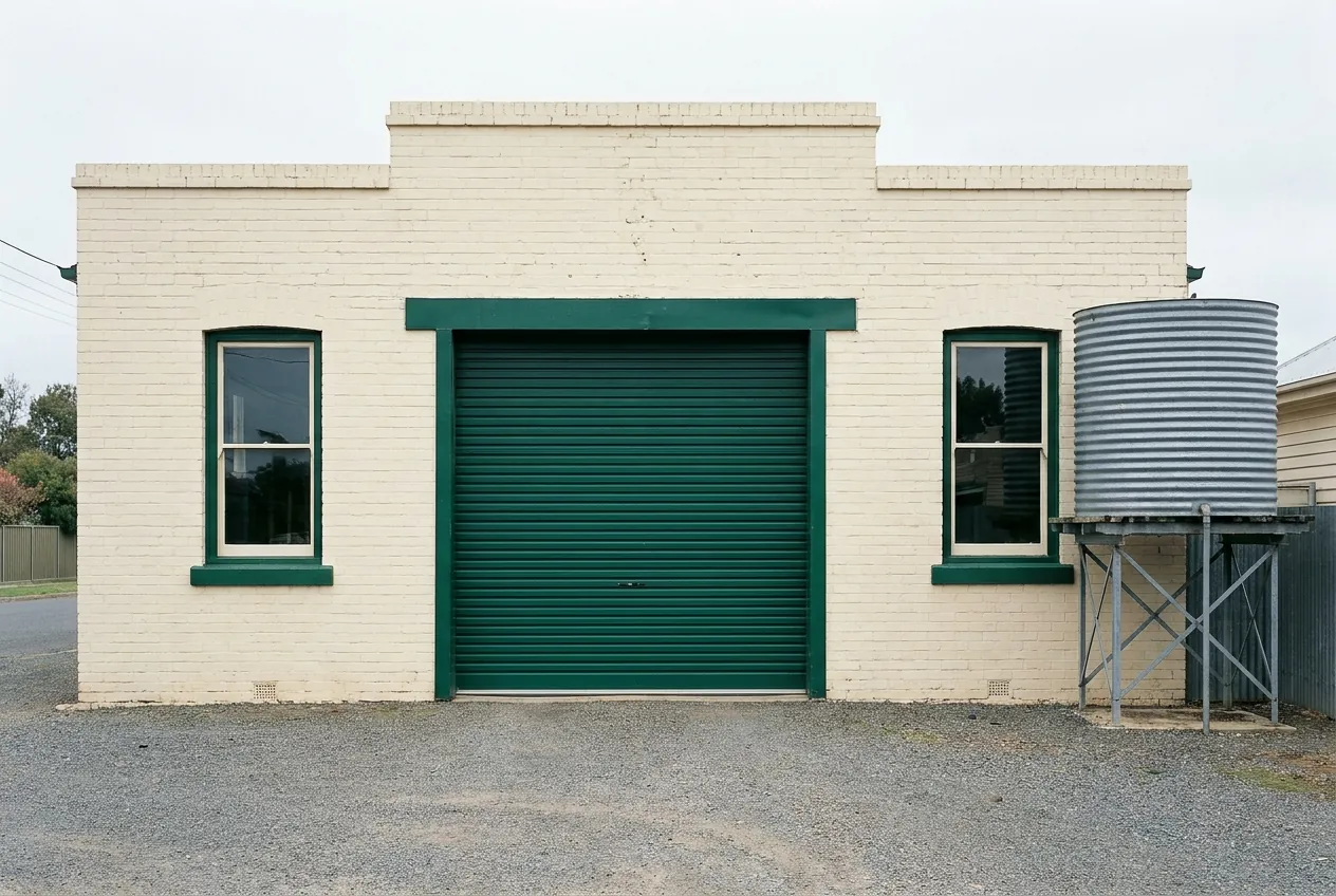 The cream brick Stonewell workshop with a deep green roller door and a small water tank on a stand.