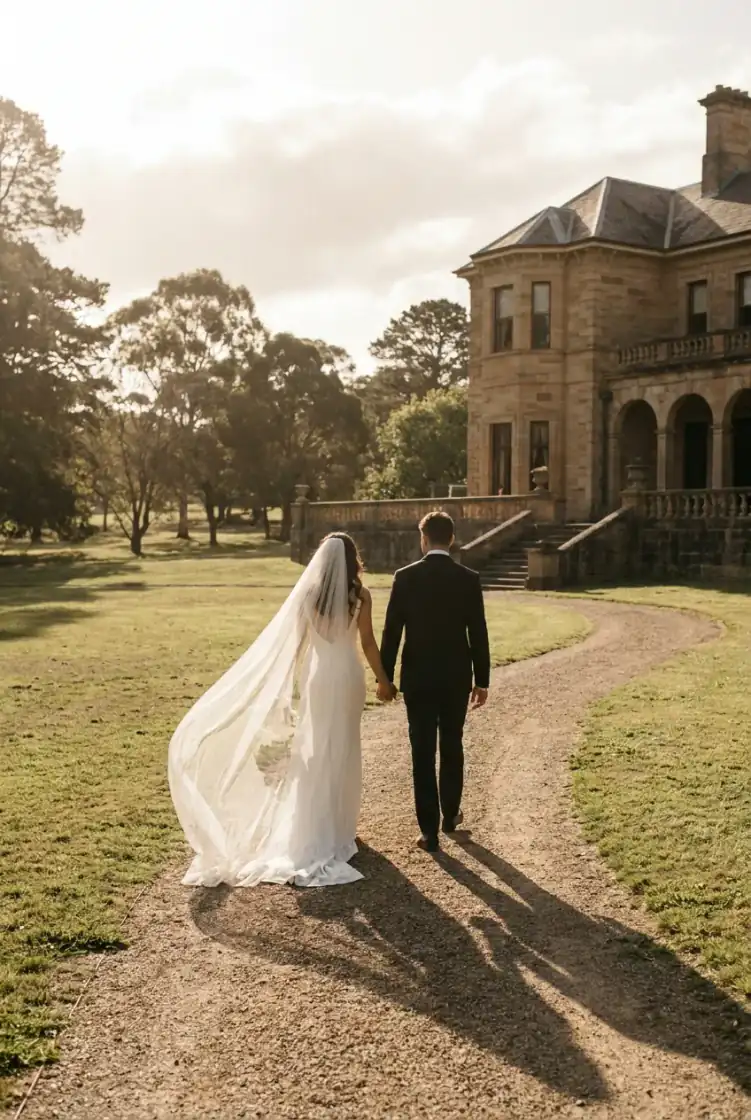 A couple walking hand in hand across the lawn toward the house at golden hour, photographed from behind