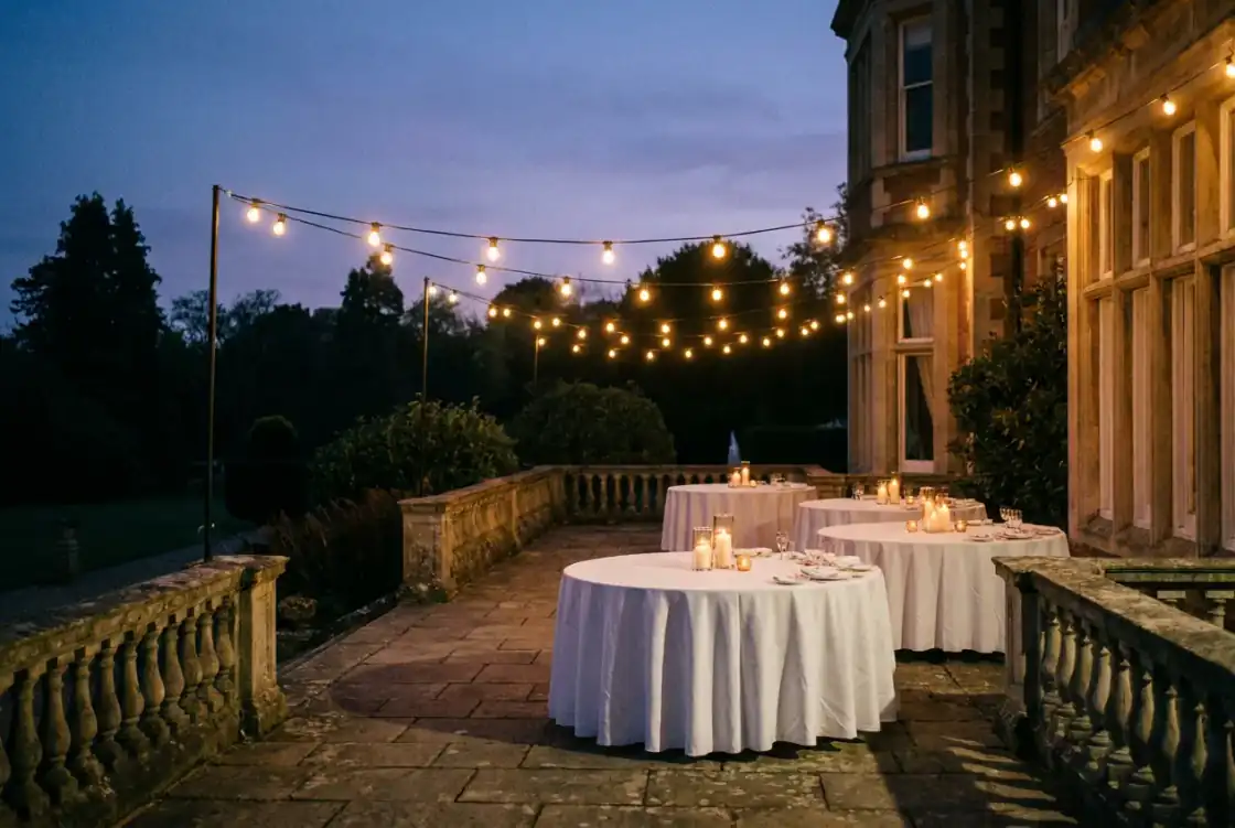 The Elmswood terrace at blue hour, festoon lights glowing over linen-dressed tables and stone balustrades