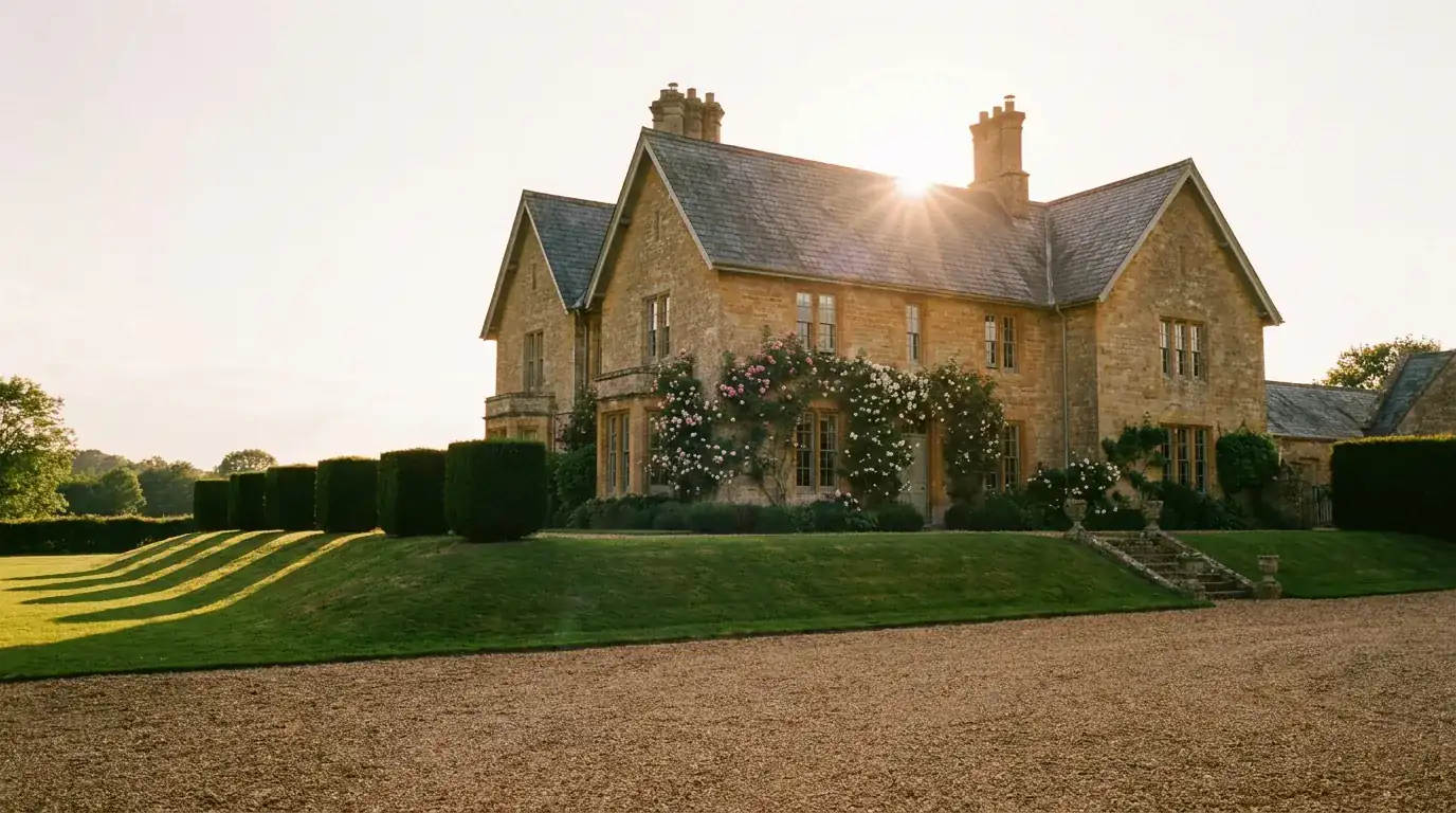 The 1868 house at Elmswood Estate at golden hour, sun flaring behind the roofline over the gravel arrival court