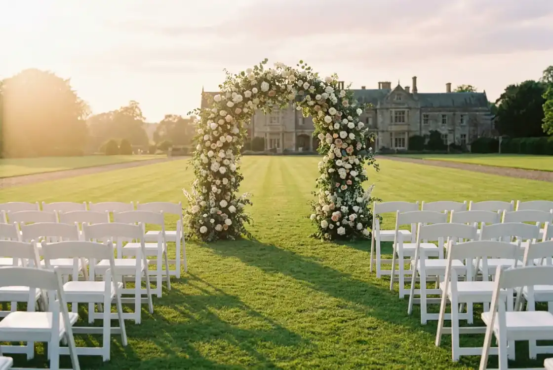 Rows of white chairs and a rose ceremony arch set on the Elmswood lawn at golden hour, the house beyond