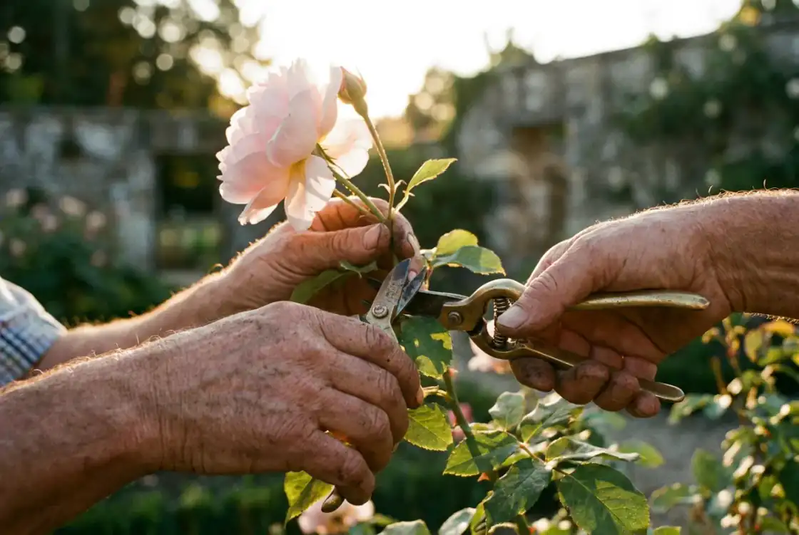 Weathered hands trimming a pale garden rose with brass secateurs in the walled garden, backlit by low sun