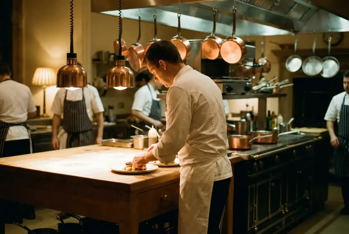 The Elmswood kitchen at service — a chef plating at the pass under copper lamps, seen in profile