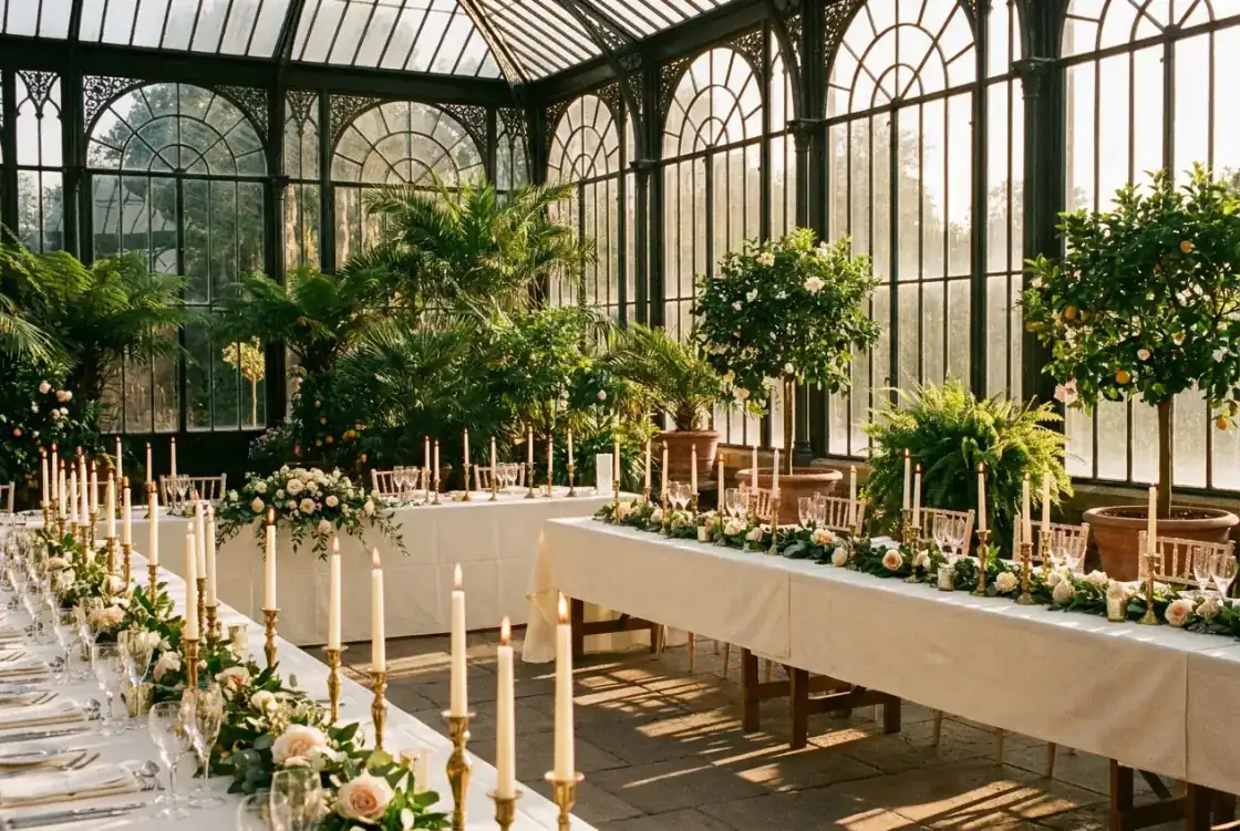 The Elmswood orangery set for dinner for one hundred and twenty — long linen tables, taper candles and citrus trees under glass