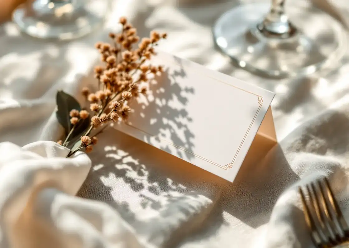 A letterpress place card and dried flowers on ivory linen in warm side light