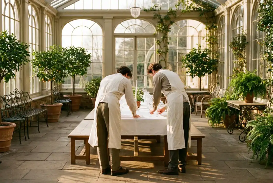 Two Elmswood staff in ivory aprons setting the long orangery table, backs to the camera