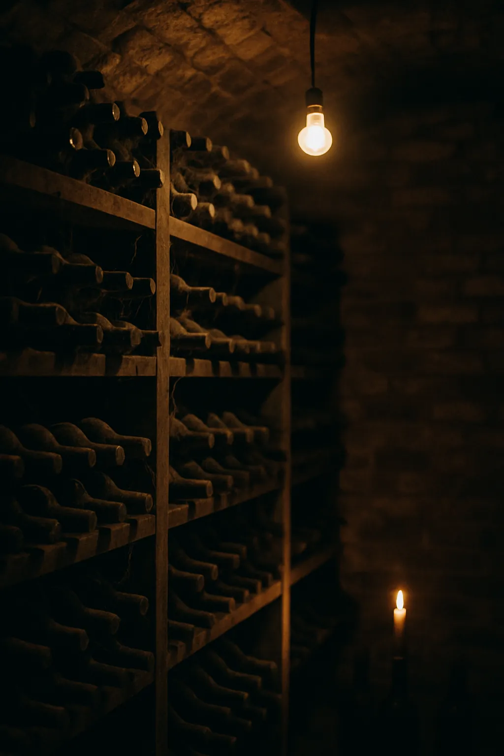 Dusty bottles racked in a dim underground oak cellar, one warm bulb.