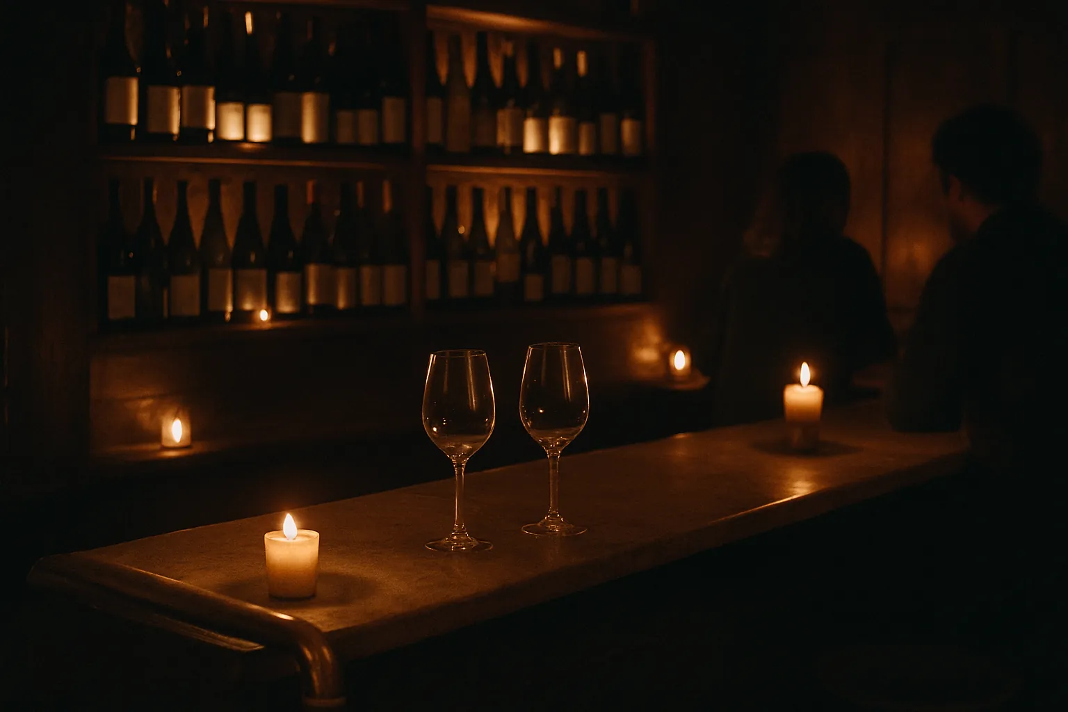 The candlelit counter of a below-street natural-wine bar, backlit bottles and brass.