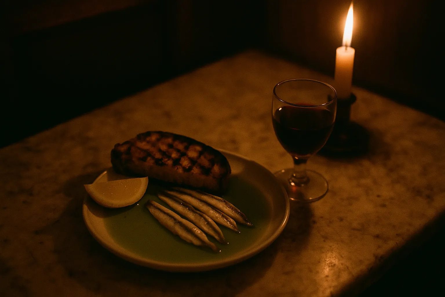 A small plate of grilled sourdough, anchovy and olive oil under candlelight.