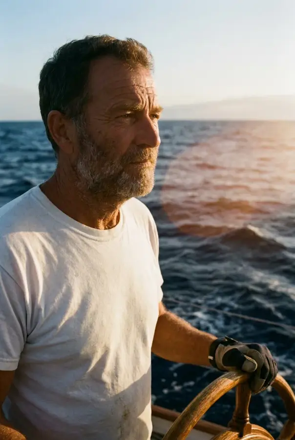 Captain Ivo Marrek at the helm, portrait.