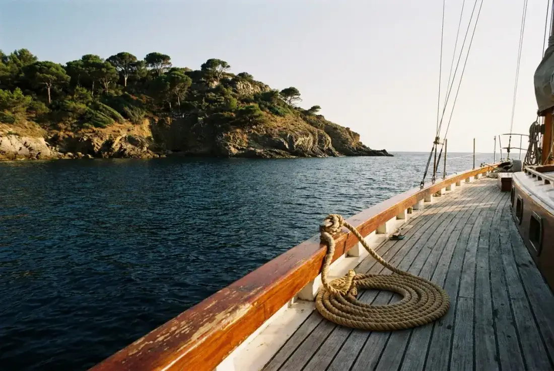 A quiet cove anchorage in deep sapphire water, seen from the deck.