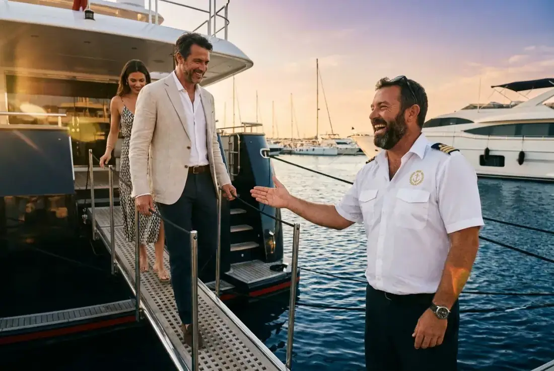 The captain welcoming guests aboard at the passerelle.