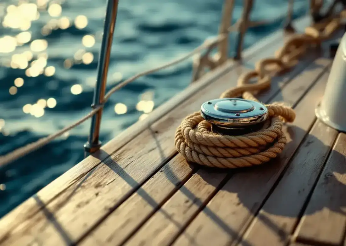 Weathered teak deck with a coil of manila rope in low sun.