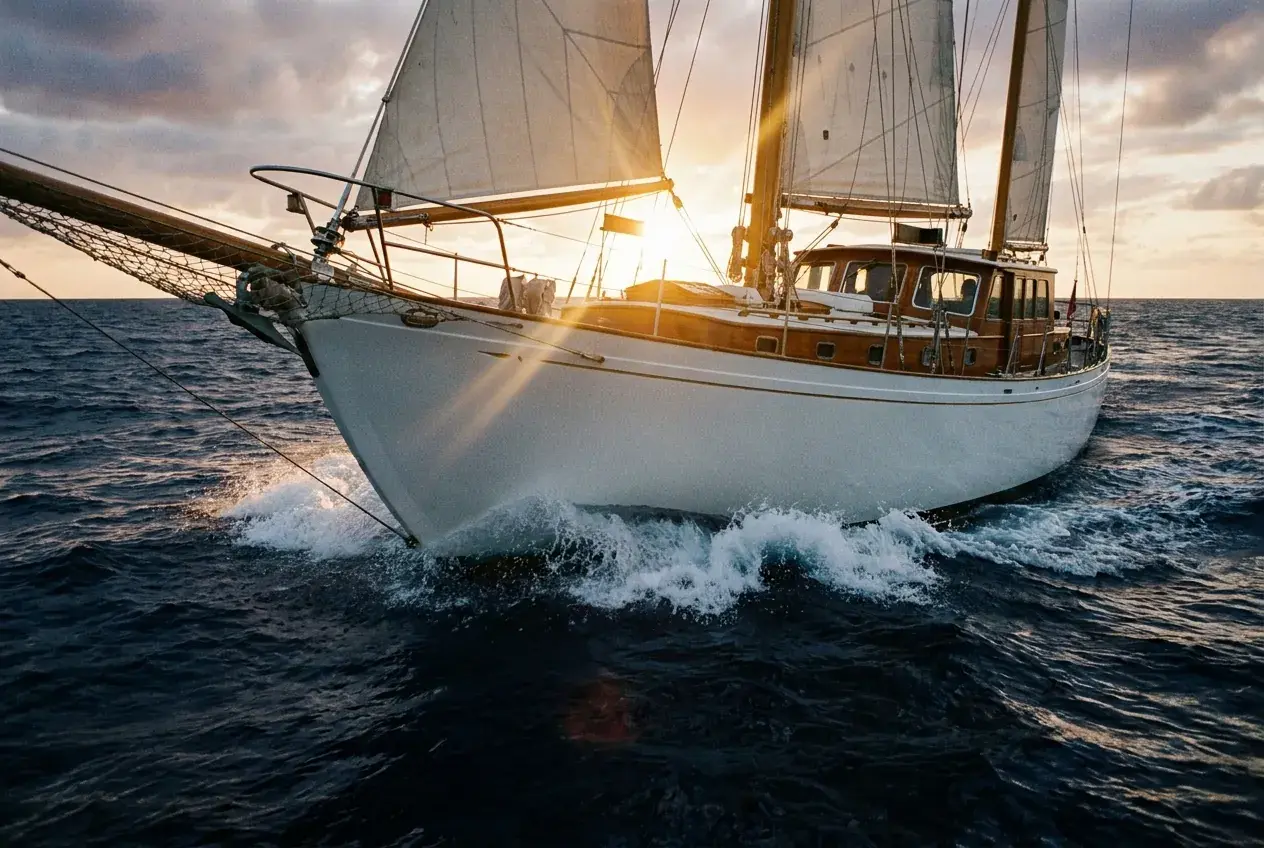 The bow of a Solmara yacht cutting through deep navy water, sun flare across the wake.