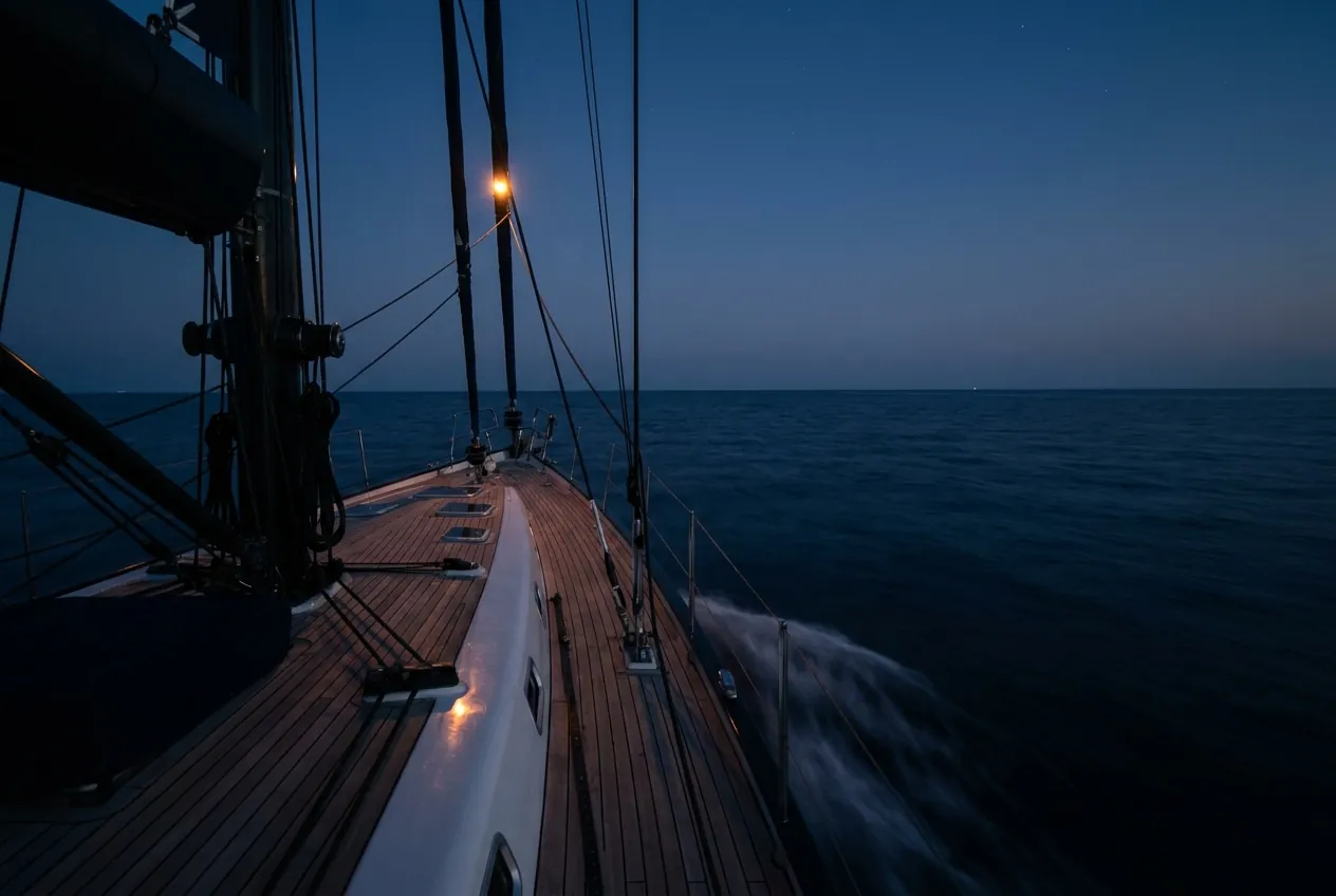 A dusk passage, the navigation light glowing over a deep navy sea.