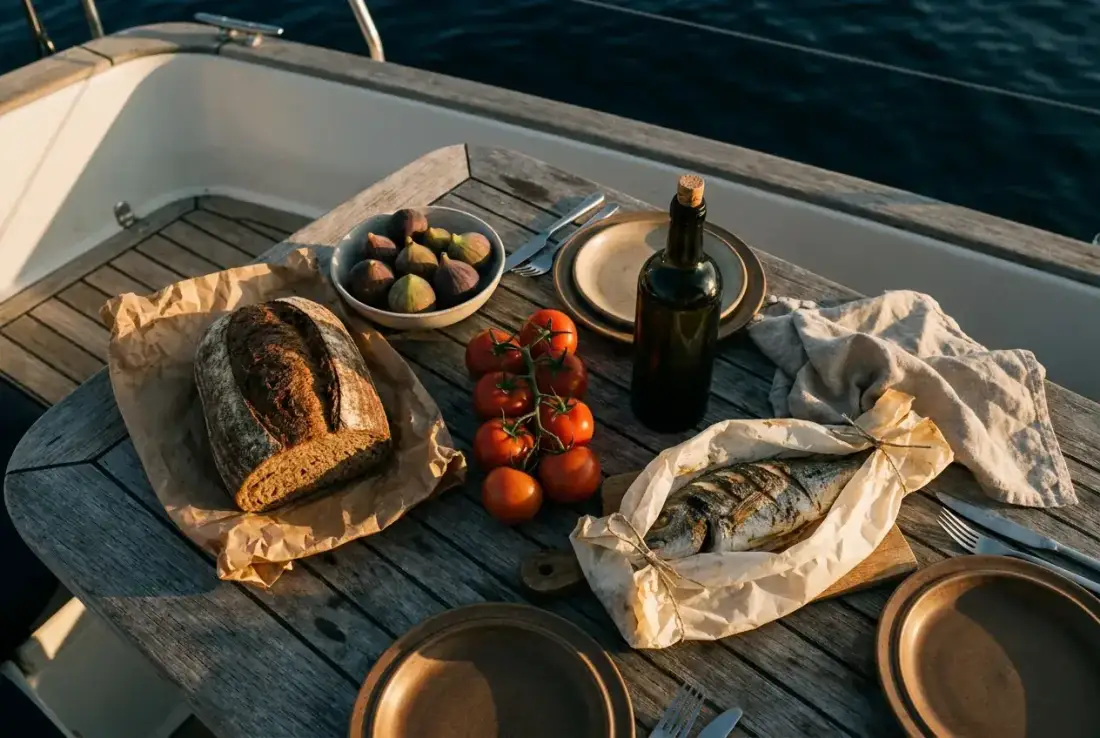 The week's provisioning laid out across a teak table.