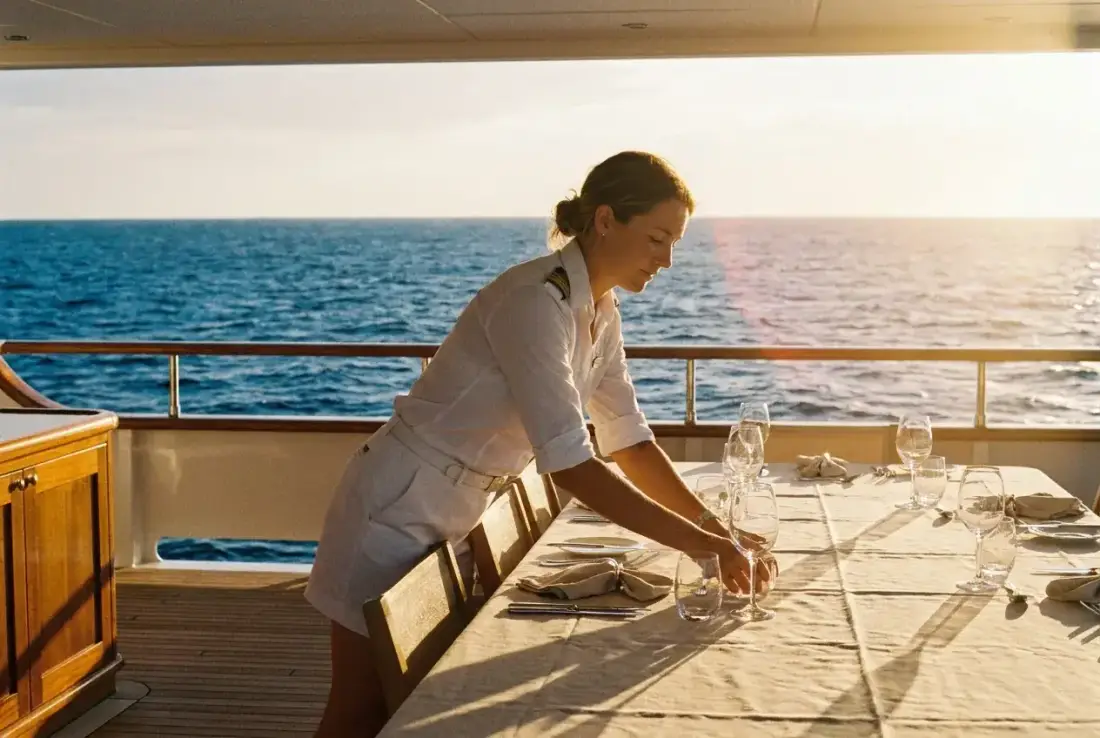 A steward setting the aft-deck table at golden hour.