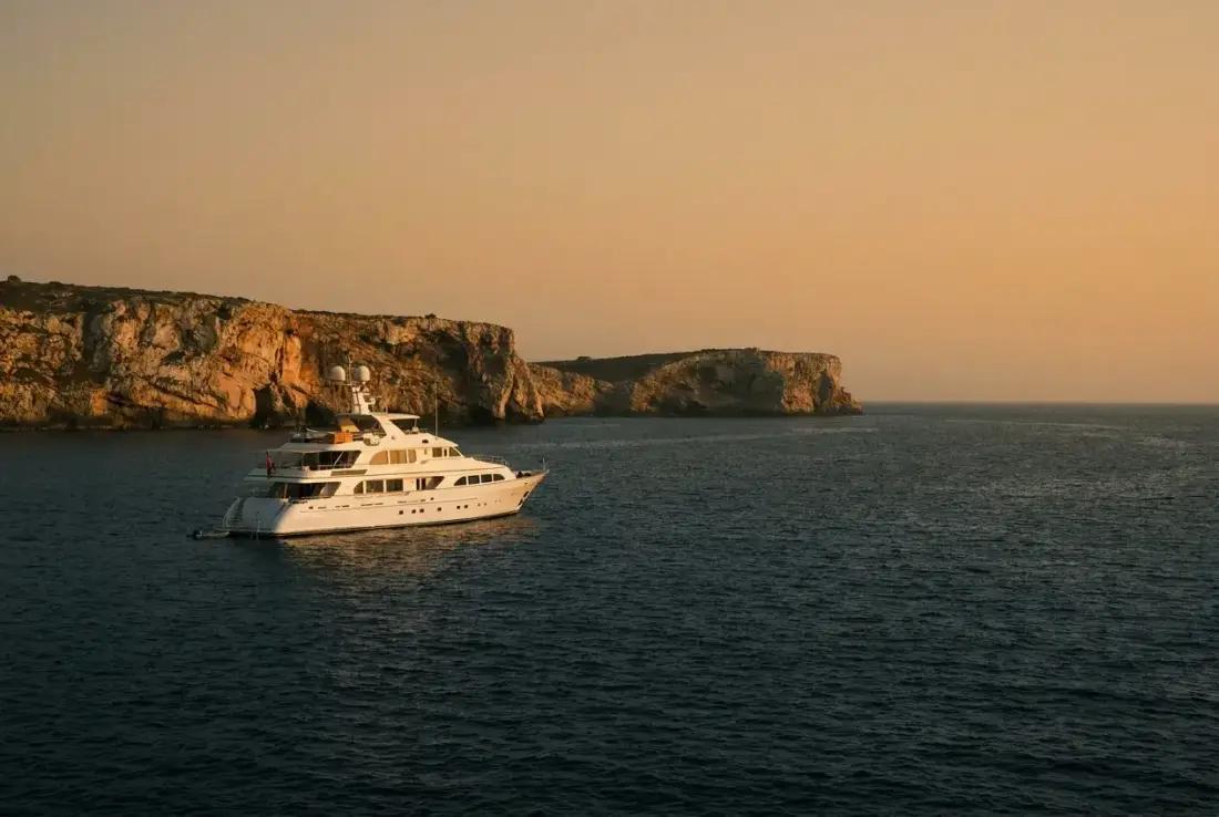 M/Y Ondamar, the 41 meter motor yacht, at anchor in a cove.