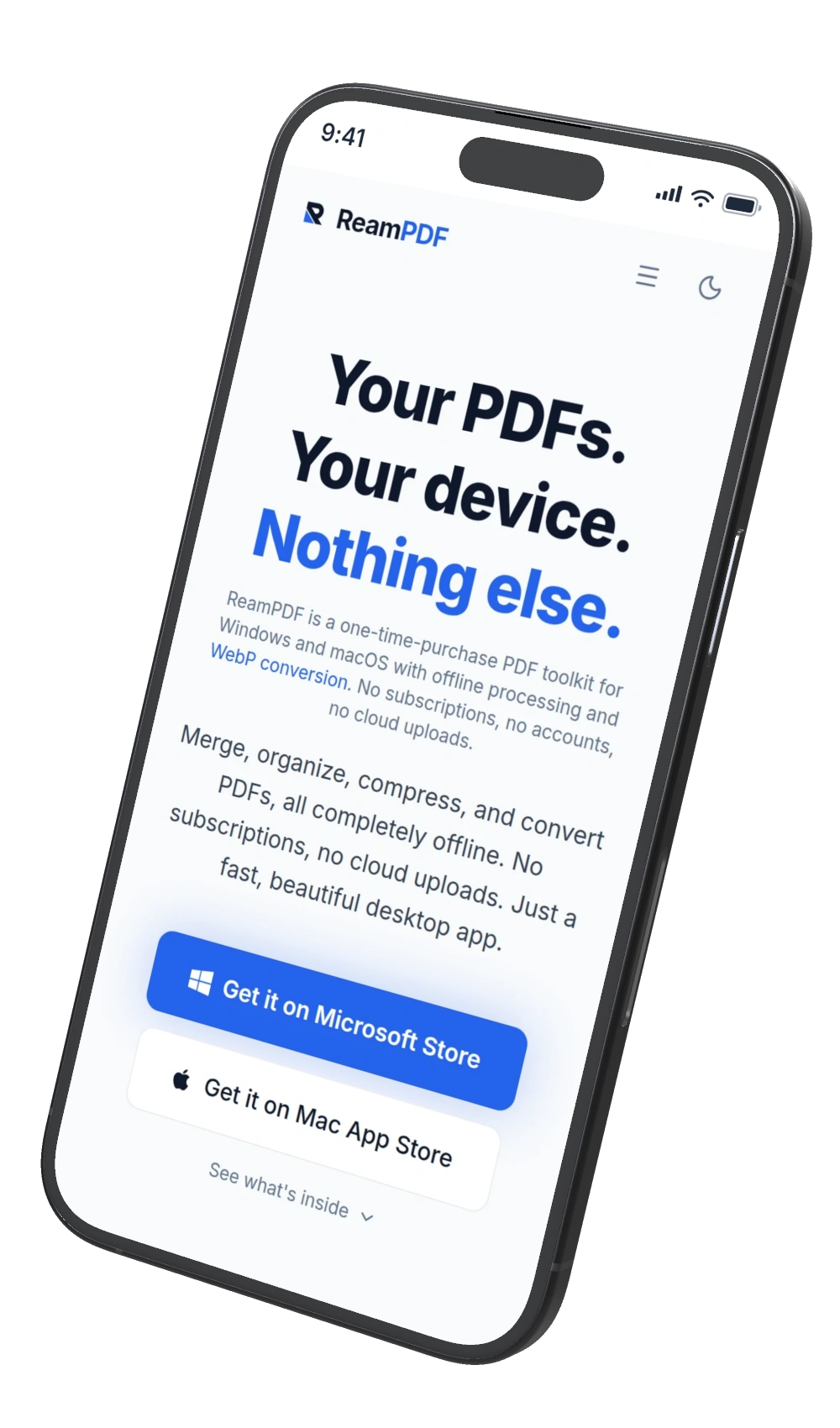The ReamPDF homepage, at phone width. Shown on a three-dimensional iPhone with a titanium frame.