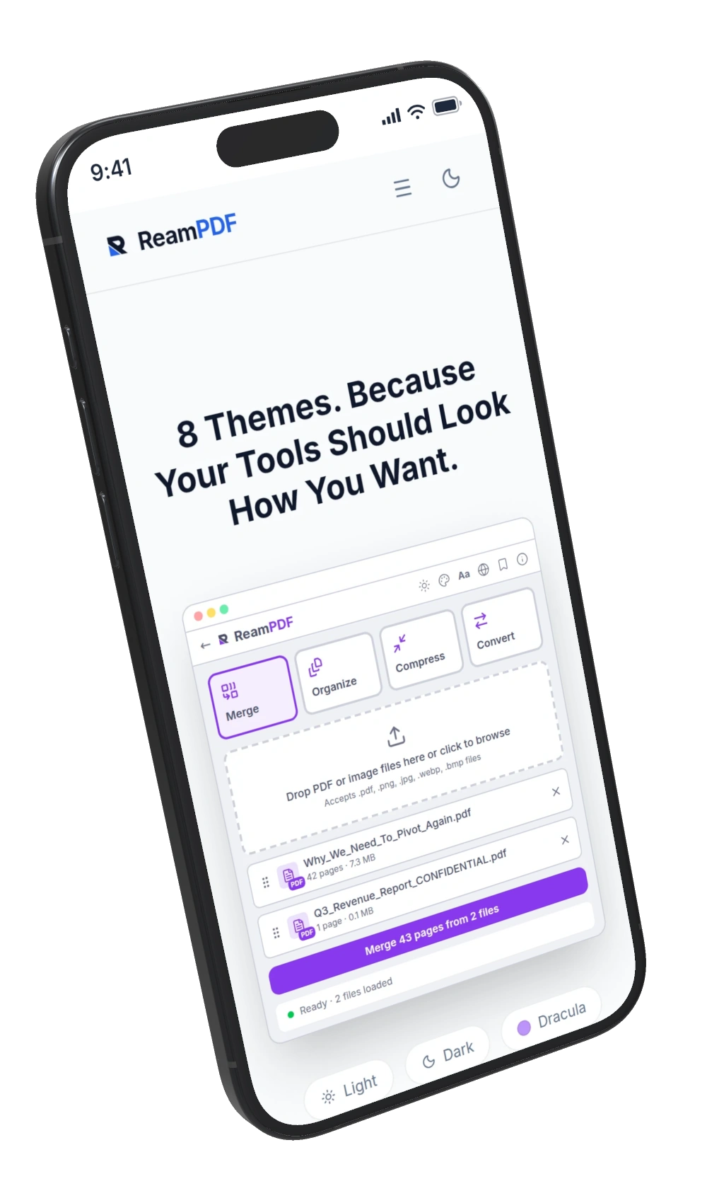 The themes section of the ReamPDF website we built. Shown on a three-dimensional iPhone with a titanium frame.