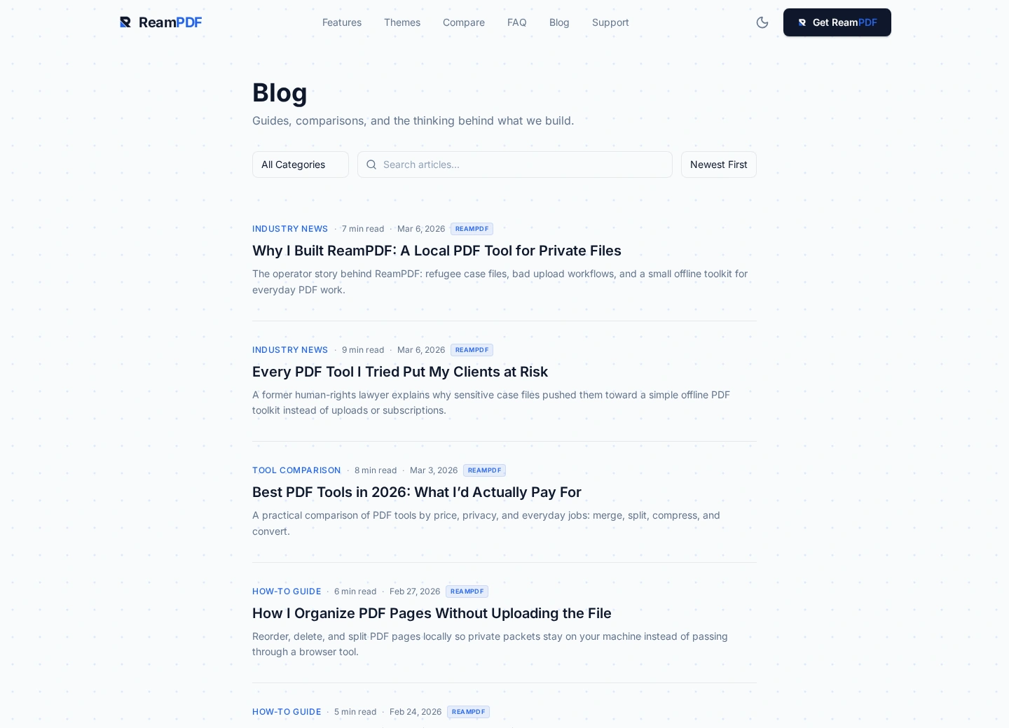 The real ReamPDF blog, with its article cards and website navigation.