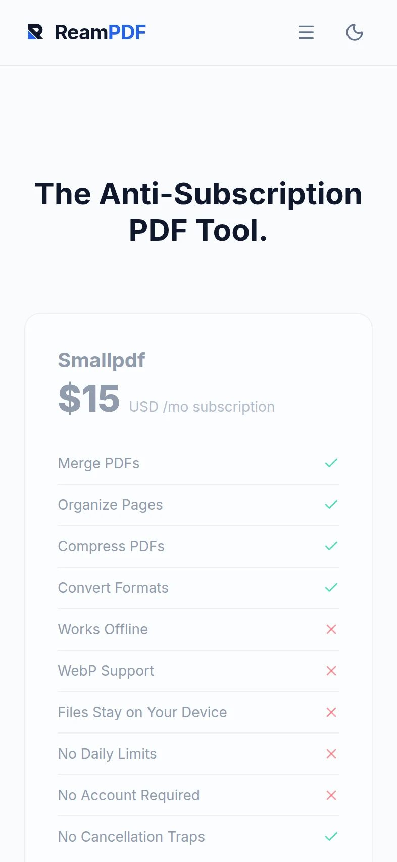 The subscription comparison on a phone