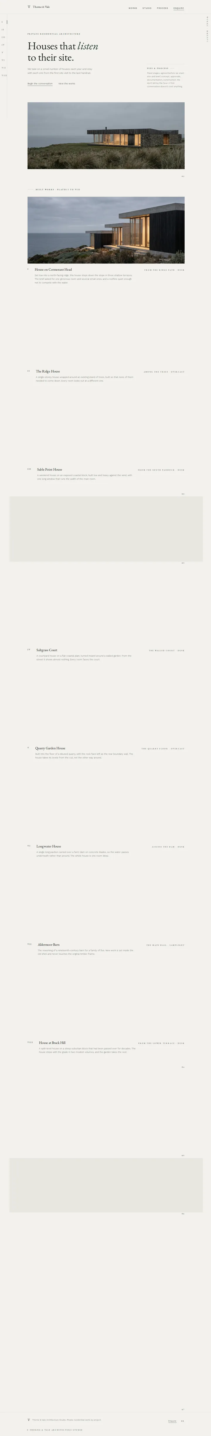 The Thorne & Vale residential architecture studio template, shown on a desktop screen