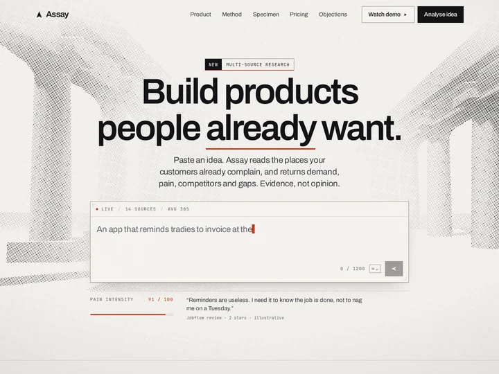 The Assay idea validation and product research saas template, shown on a desktop screen