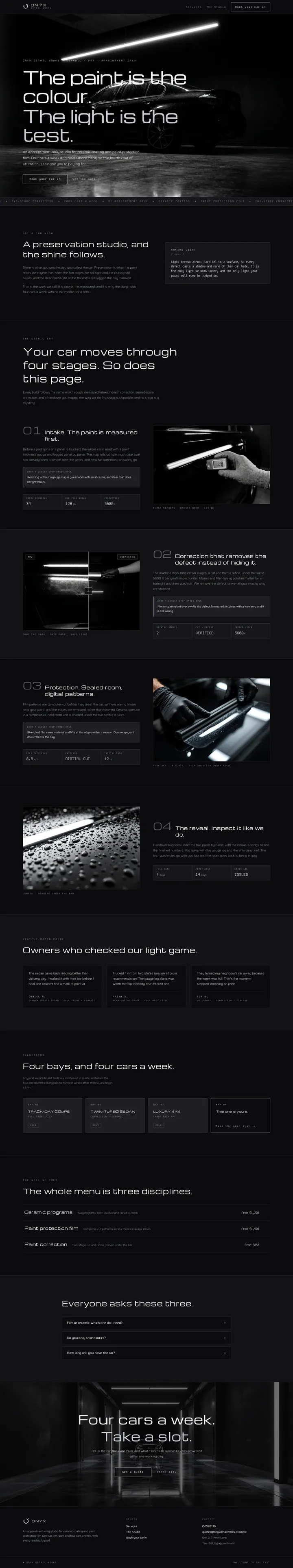 The Onyx Detail Works ceramic coating and paint protection studio template, shown on a desktop screen